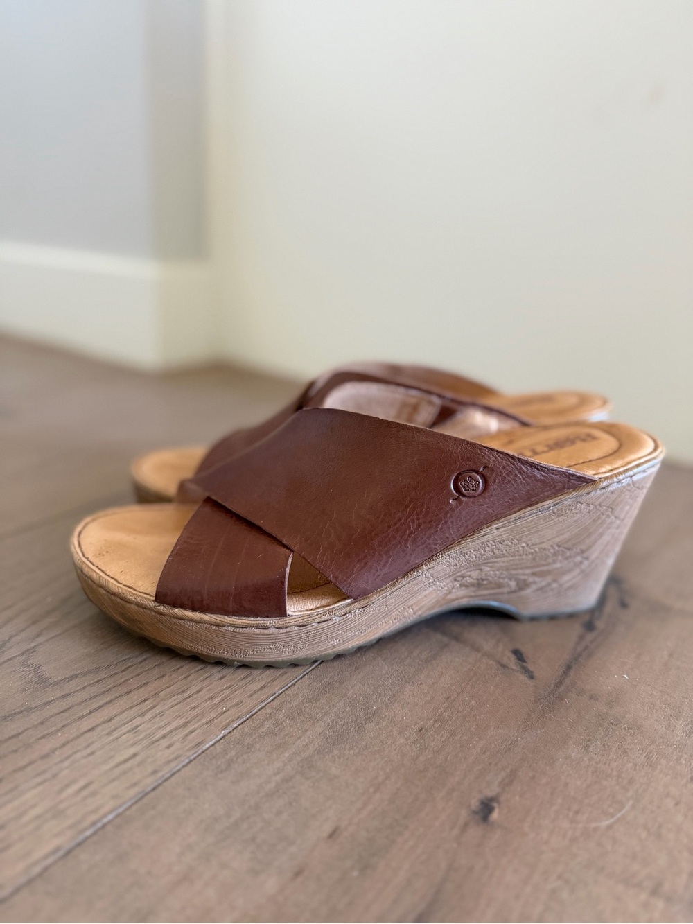 Born Brown Leather Crisscross Wedge Sandals